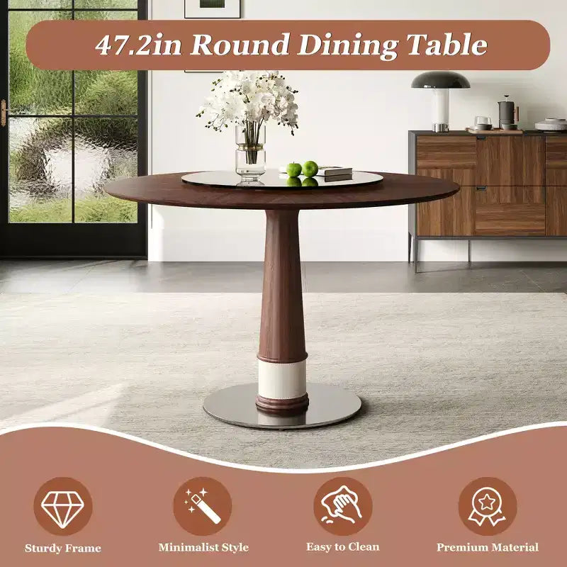 Tavolo da pranzo rotondo in legno massello da 47" con Lazy Susan in vetro e base in acciaio