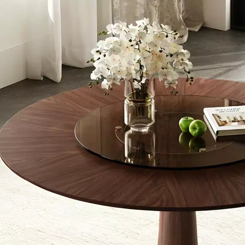 Tavolo da pranzo rotondo in legno massello da 47" con Lazy Susan in vetro e base in acciaio