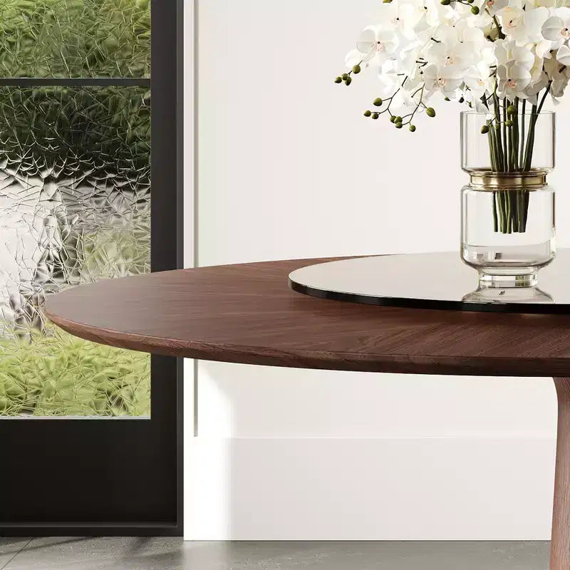 Tavolo da pranzo rotondo in legno massello da 47" con Lazy Susan in vetro e base in acciaio