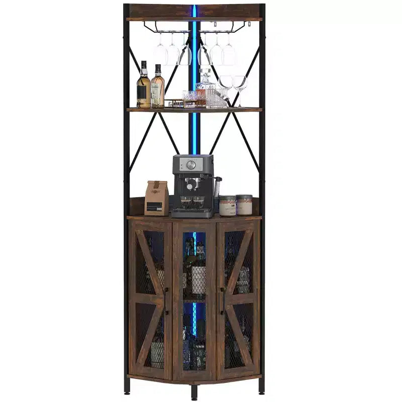 Mobile angolare portavino da 183 cm, mobile portabottiglie industriale, credenza bar a 5 ripiani per casa, spazi piccoli, vetrina, anta in rete