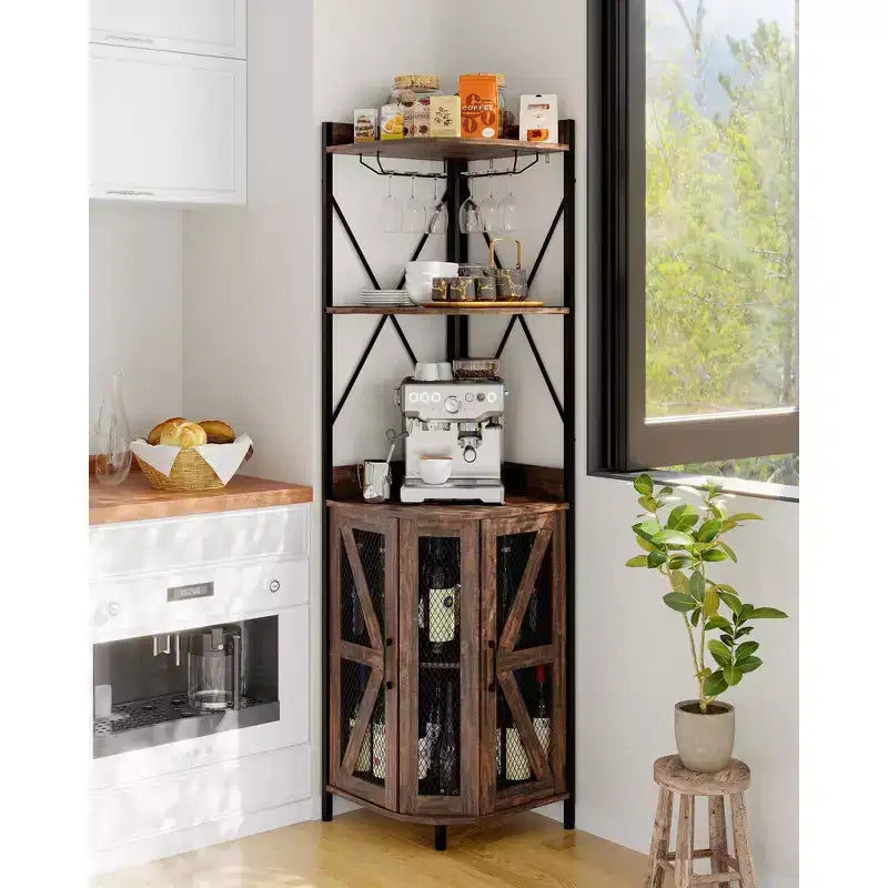 Mobile angolare portavino da 183 cm, mobile portabottiglie industriale, credenza bar a 5 ripiani per casa, spazi piccoli, vetrina, anta in rete