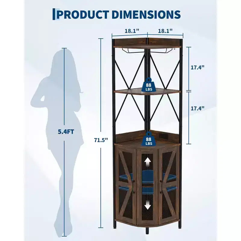 Mobile angolare portavino da 183 cm, mobile portabottiglie industriale, credenza bar a 5 ripiani per casa, spazi piccoli, vetrina, anta in rete