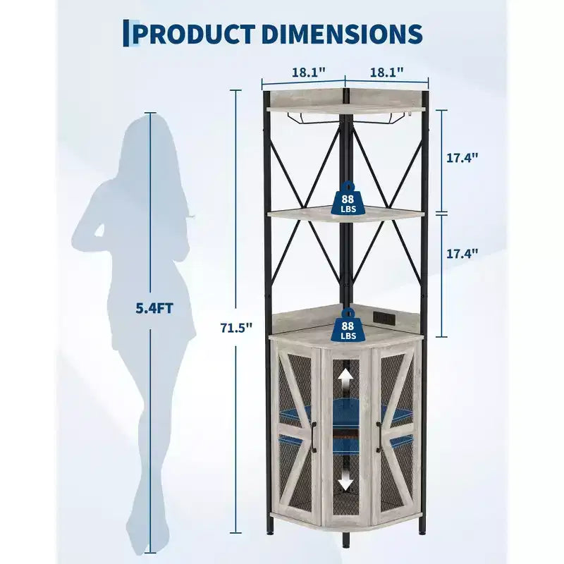 Mobile angolare portavino da 183 cm, mobile portabottiglie industriale, credenza bar a 5 ripiani per casa, spazi piccoli, vetrina, anta in rete