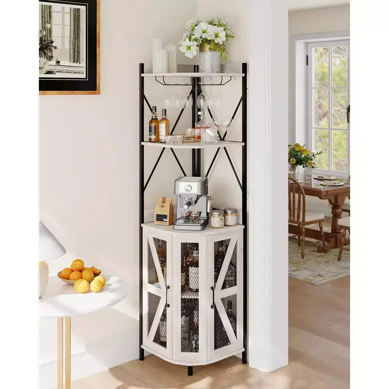 Mobile angolare portavino da 183 cm, mobile portabottiglie industriale, credenza bar a 5 ripiani per casa, spazi piccoli, vetrina, anta in rete