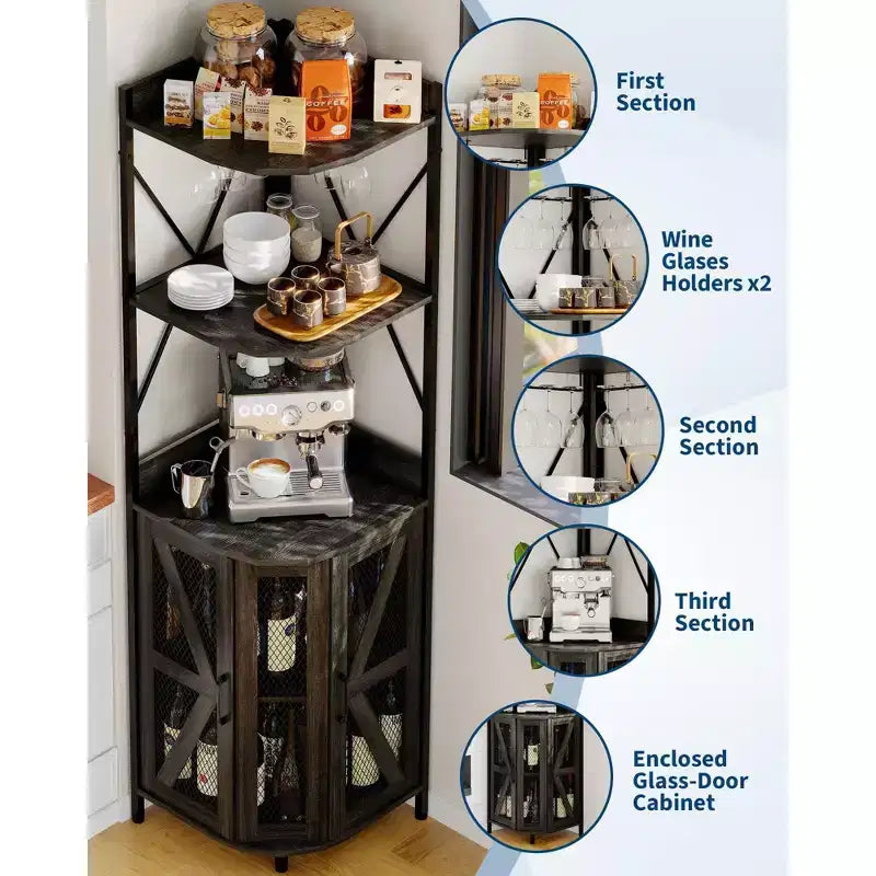 Mobile angolare portavino da 183 cm, mobile portabottiglie industriale, credenza bar a 5 ripiani per casa, spazi piccoli, vetrina, anta in rete