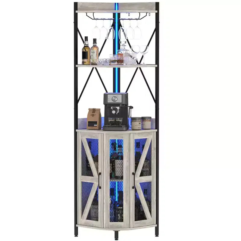 Mobile angolare portavino da 183 cm, mobile portabottiglie industriale, credenza bar a 5 ripiani per casa, spazi piccoli, vetrina, anta in rete