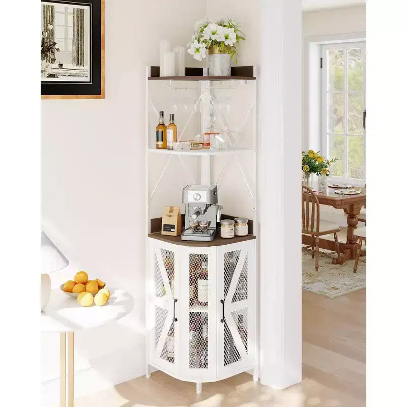 Mobile angolare portavino da 183 cm, mobile portabottiglie industriale, credenza bar a 5 ripiani per casa, spazi piccoli, vetrina, anta in rete