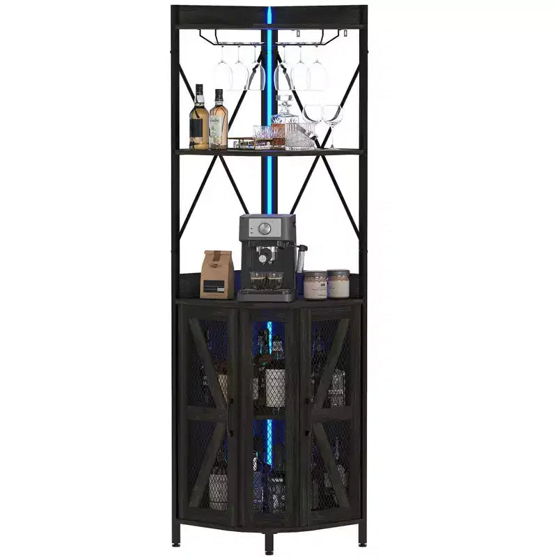 Mobile angolare portavino da 183 cm, mobile portabottiglie industriale, credenza bar a 5 ripiani per casa, spazi piccoli, vetrina, anta in rete