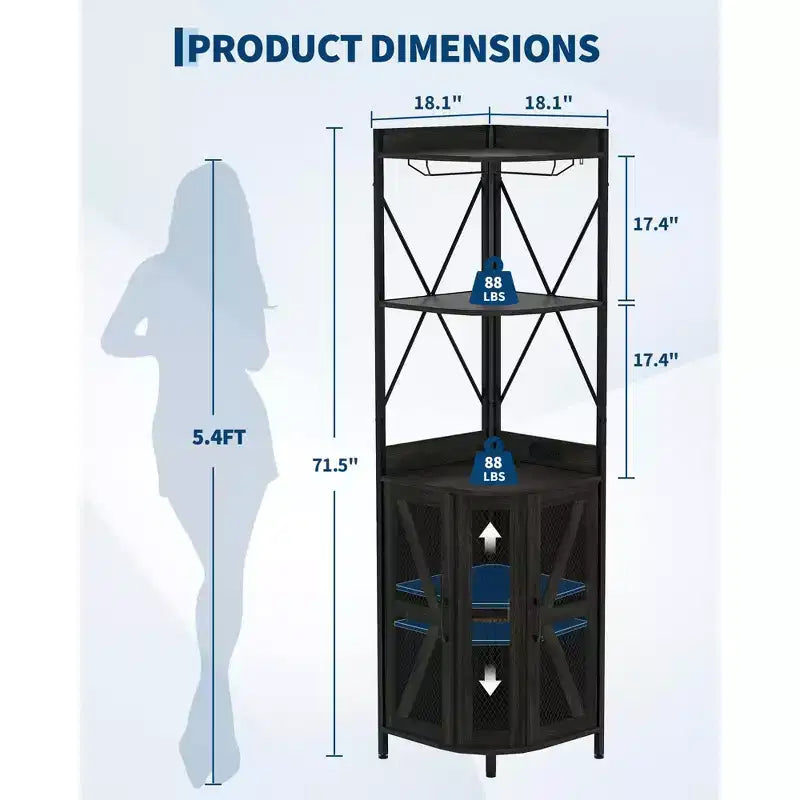 Mobile angolare portavino da 183 cm, mobile portabottiglie industriale, credenza bar a 5 ripiani per casa, spazi piccoli, vetrina, anta in rete