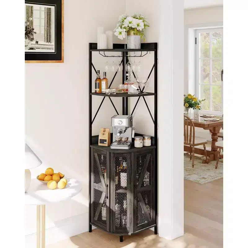 Mobile angolare portavino da 183 cm, mobile portabottiglie industriale, credenza bar a 5 ripiani per casa, spazi piccoli, vetrina, anta in rete