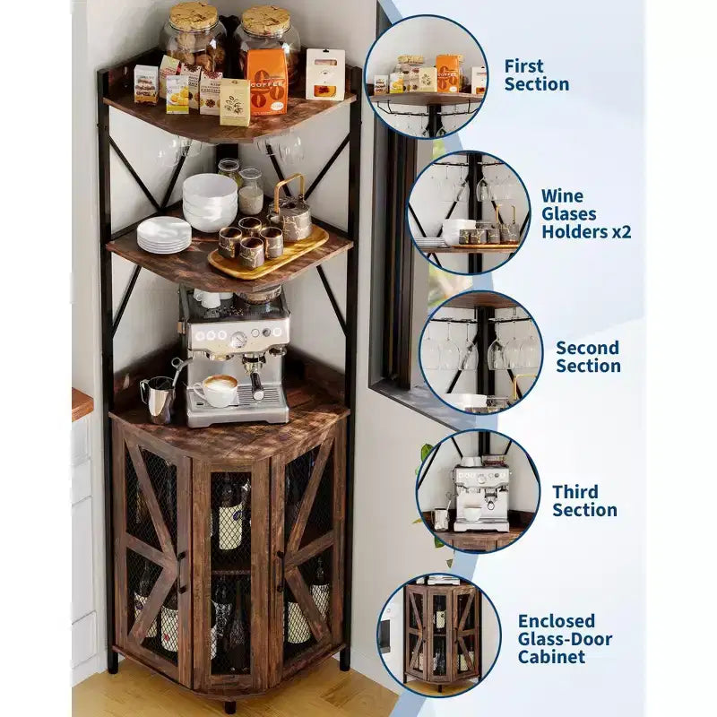 Mobile angolare portavino da 183 cm, mobile portabottiglie industriale, credenza bar a 5 ripiani per casa, spazi piccoli, vetrina, anta in rete
