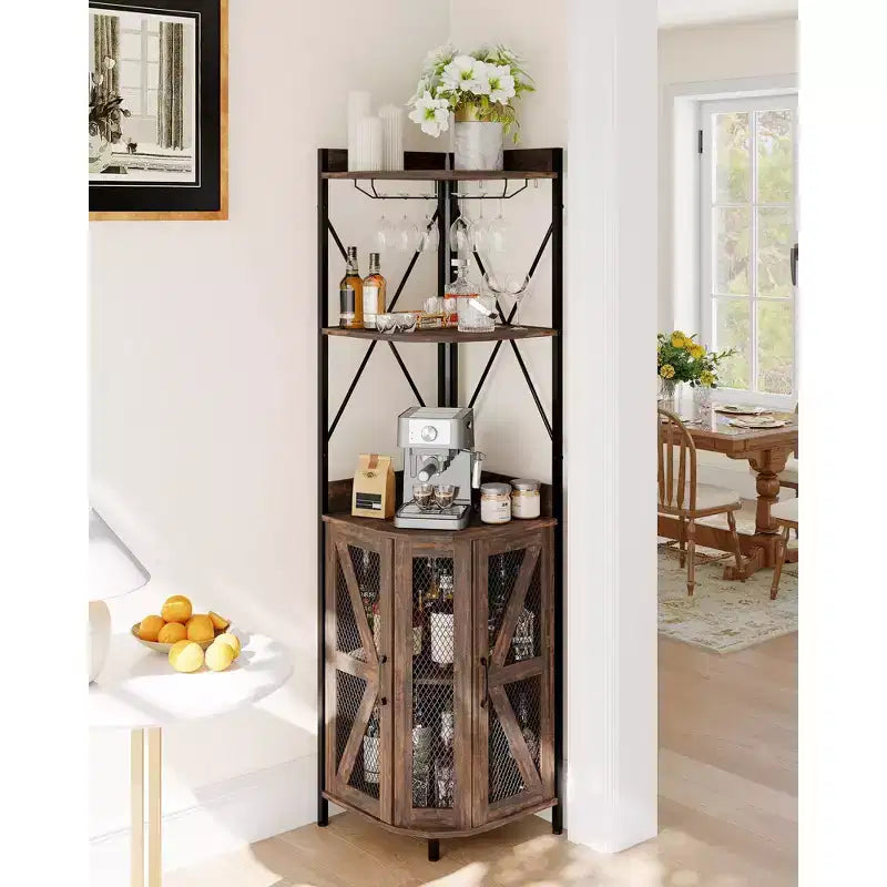 Mobile angolare portavino da 183 cm, mobile portabottiglie industriale, credenza bar a 5 ripiani per casa, spazi piccoli, vetrina, anta in rete