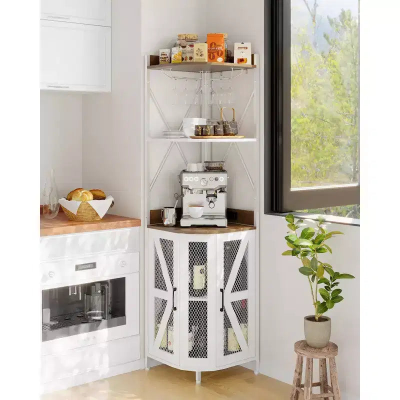 Mobile angolare portavino da 183 cm, mobile portabottiglie industriale, credenza bar a 5 ripiani per casa, spazi piccoli, vetrina, anta in rete
