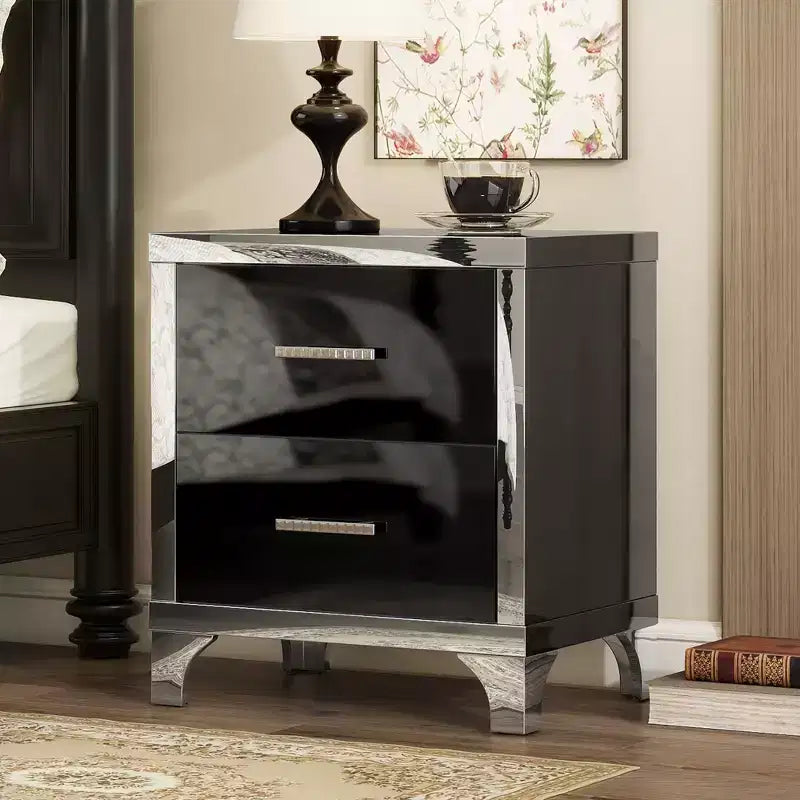 Elegant High Gloss Sleek Modern 2 Drawer with Mirrored Accent Nightstand for Bedroom Living Room