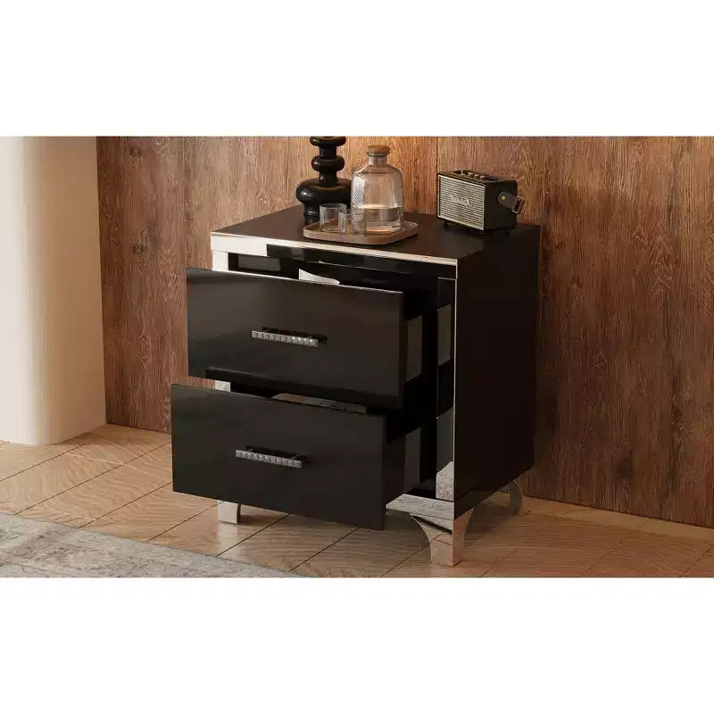 Comodino Elegante Moderno Lucido con 2 Cassetti e Dettaglio a Specchio per Camera da Letto e Soggiorno