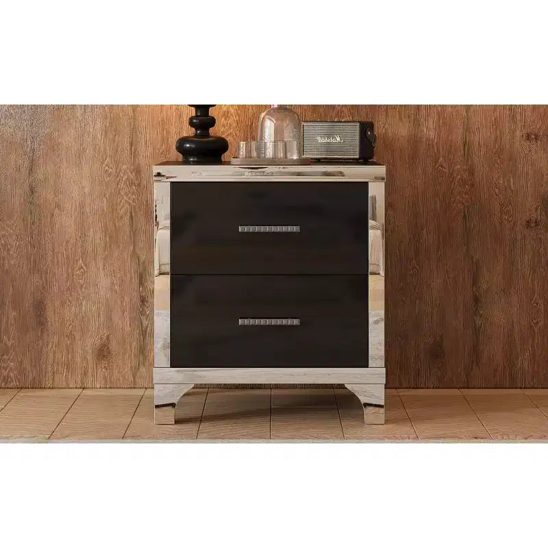 Comodino Elegante Moderno Lucido con 2 Cassetti e Dettaglio a Specchio per Camera da Letto e Soggiorno