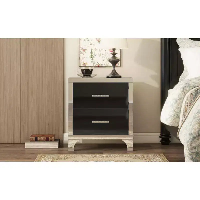 Comodino Elegante Moderno Lucido con 2 Cassetti e Dettaglio a Specchio per Camera da Letto e Soggiorno