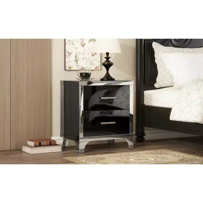 Comodino Elegante Moderno Lucido con 2 Cassetti e Dettaglio a Specchio per Camera da Letto e Soggiorno