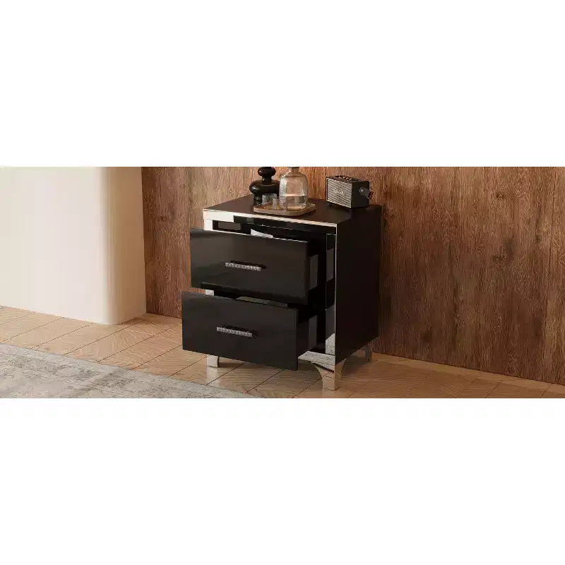 Comodino Elegante Moderno Lucido con 2 Cassetti e Dettaglio a Specchio per Camera da Letto e Soggiorno