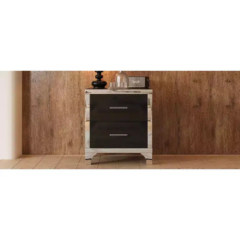 Comodino Elegante Moderno Lucido con 2 Cassetti e Dettaglio a Specchio per Camera da Letto e Soggiorno