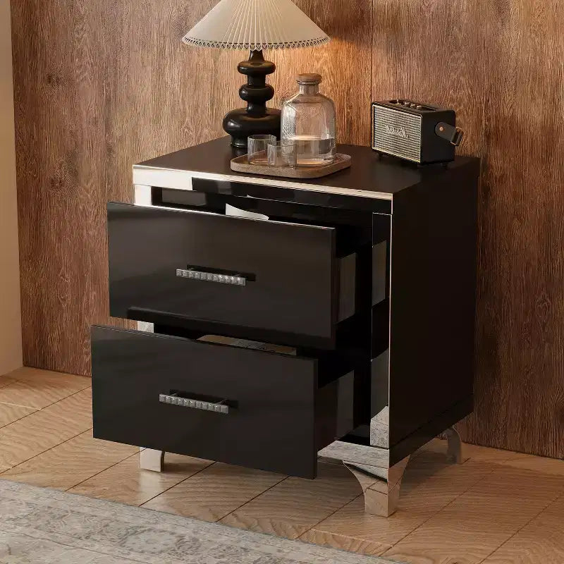 Comodino Elegante Moderno Lucido con 2 Cassetti e Dettaglio a Specchio per Camera da Letto e Soggiorno