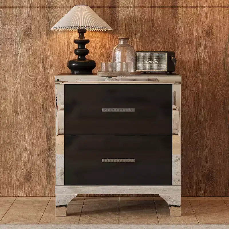 Comodino Elegante Moderno Lucido con 2 Cassetti e Dettaglio a Specchio per Camera da Letto e Soggiorno