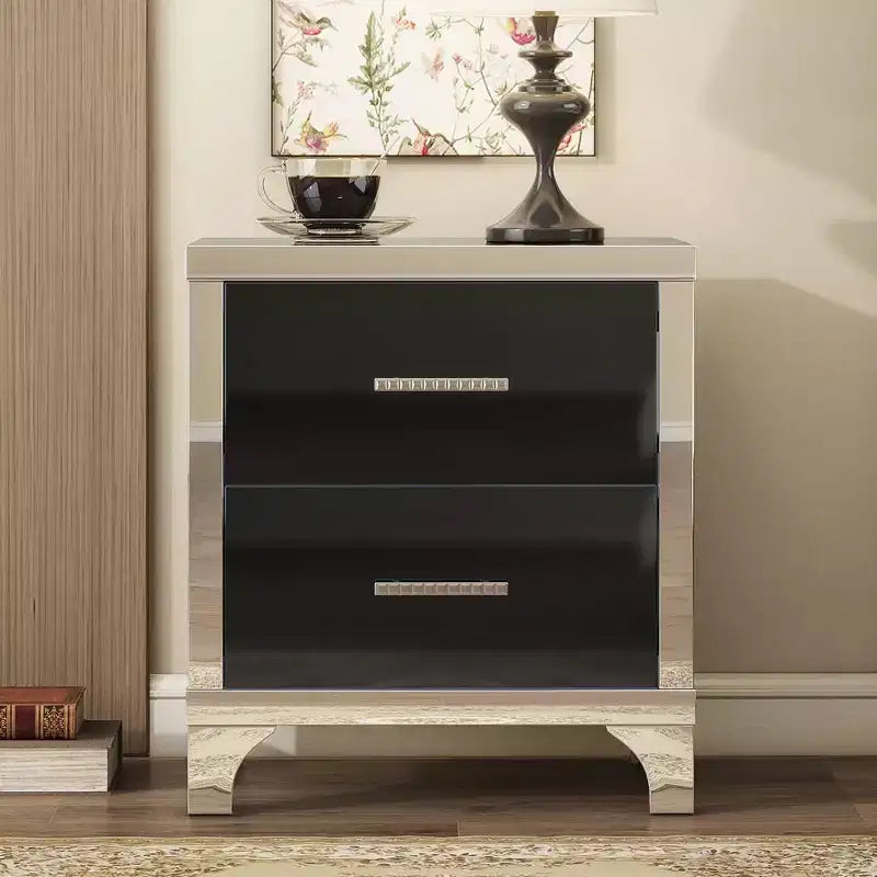 Comodino Elegante Moderno Lucido con 2 Cassetti e Dettaglio a Specchio per Camera da Letto e Soggiorno