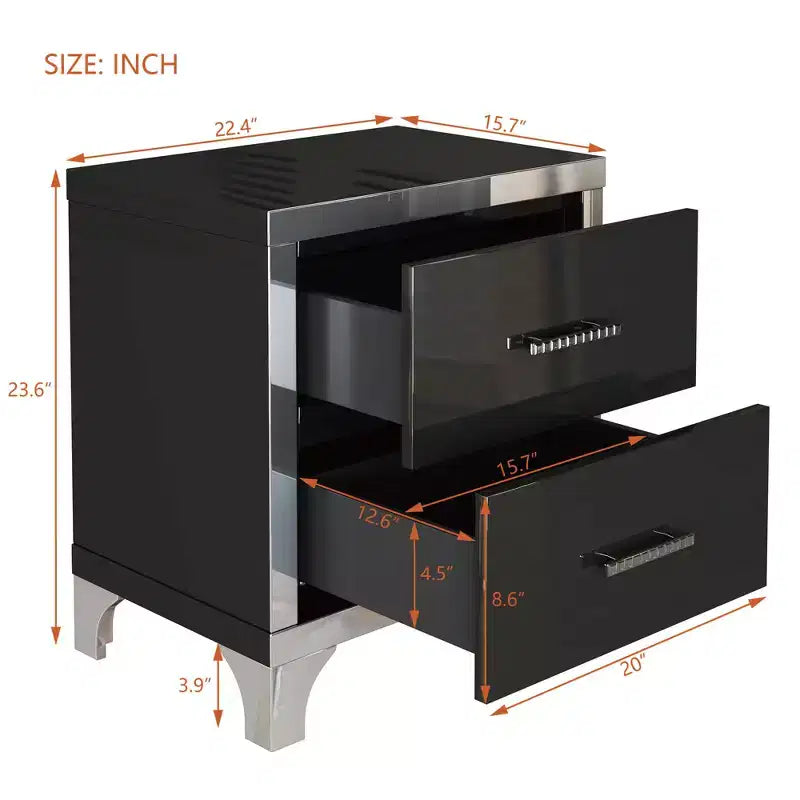 Comodino Elegante Moderno Lucido con 2 Cassetti e Dettaglio a Specchio per Camera da Letto e Soggiorno