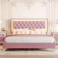Queen Upholstered Bed Frame with LED Lights, Velvet Platform Bed with Tufted Headboard, Pink