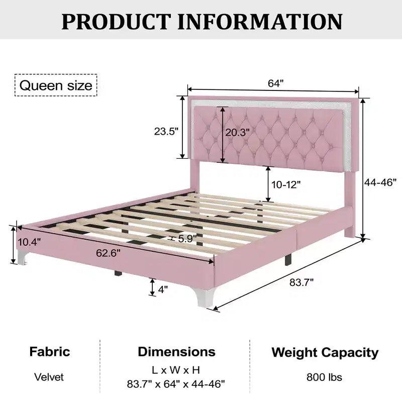 Letto matrimoniale imbottito con luci a LED, letto a piattaforma in velluto con testiera trapuntata, rosa