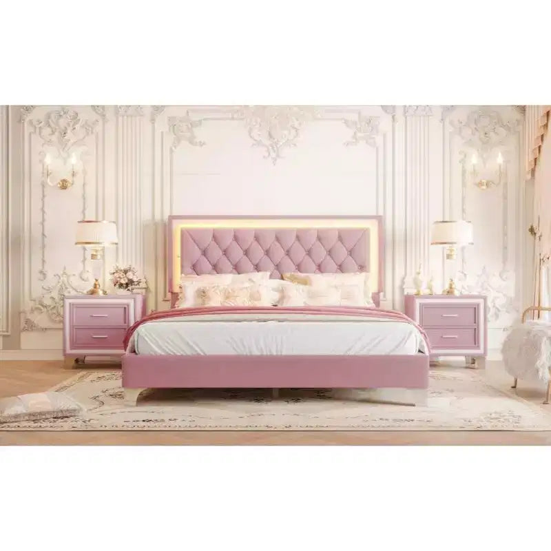 Letto matrimoniale imbottito con luci a LED, letto a piattaforma in velluto con testiera trapuntata, rosa