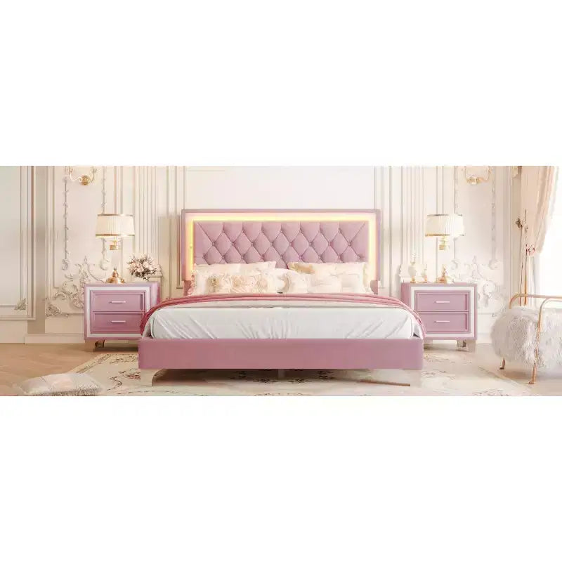 Letto matrimoniale imbottito con luci a LED, letto a piattaforma in velluto con testiera trapuntata, rosa