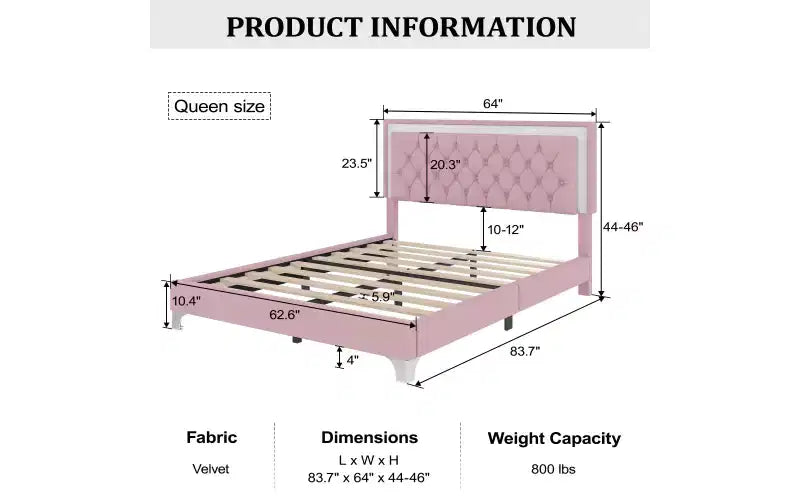 Letto matrimoniale imbottito con luci a LED, letto a piattaforma in velluto con testiera trapuntata, rosa