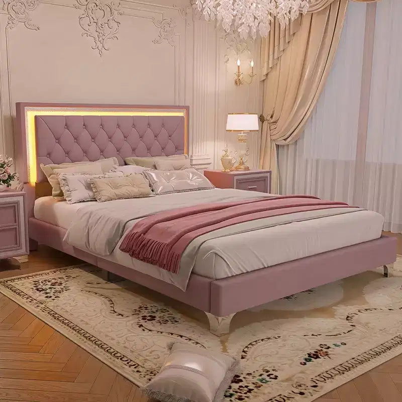 Letto matrimoniale imbottito con luci a LED, letto a piattaforma in velluto con testiera trapuntata, rosa