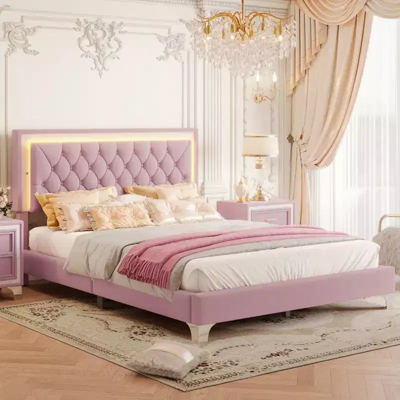 Letto matrimoniale imbottito con luci a LED, letto a piattaforma in velluto con testiera trapuntata, rosa