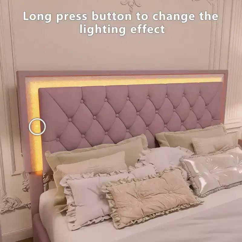 Letto matrimoniale imbottito con luci a LED, letto a piattaforma in velluto con testiera trapuntata, rosa