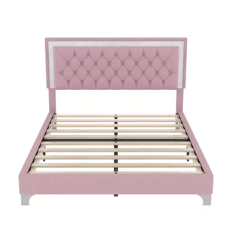 Letto matrimoniale imbottito con luci a LED, letto a piattaforma in velluto con testiera trapuntata, rosa
