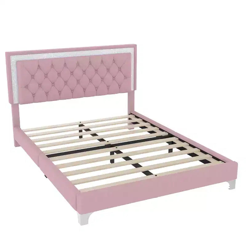 Letto matrimoniale imbottito con luci a LED, letto a piattaforma in velluto con testiera trapuntata, rosa