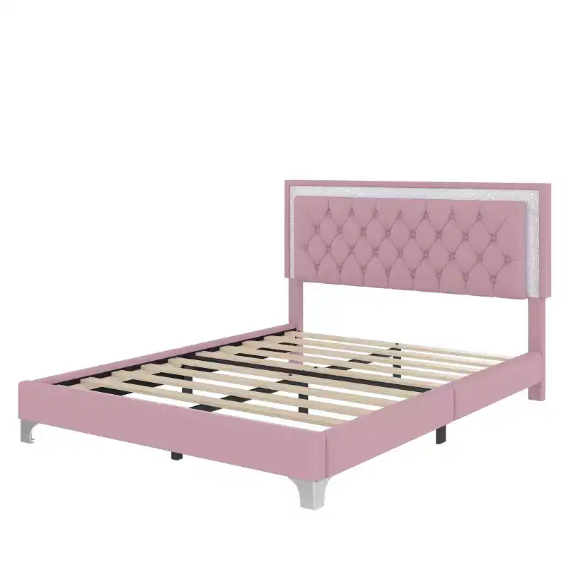 Letto matrimoniale imbottito con luci a LED, letto a piattaforma in velluto con testiera trapuntata, rosa
