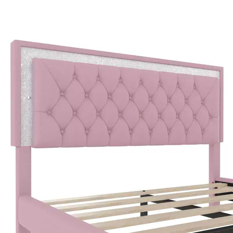 Letto matrimoniale imbottito con luci a LED, letto a piattaforma in velluto con testiera trapuntata, rosa