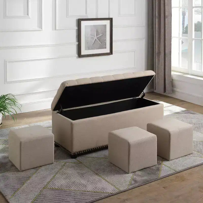 Panca Contenitore con 3 Posti a Sedere, Beige Chiaro